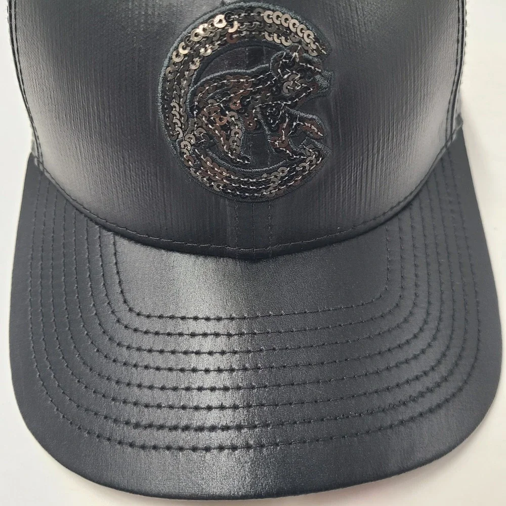 Women Chicago Cubs Hat Snapback New Era 9Forty Black Sequins Logo Faux Leather